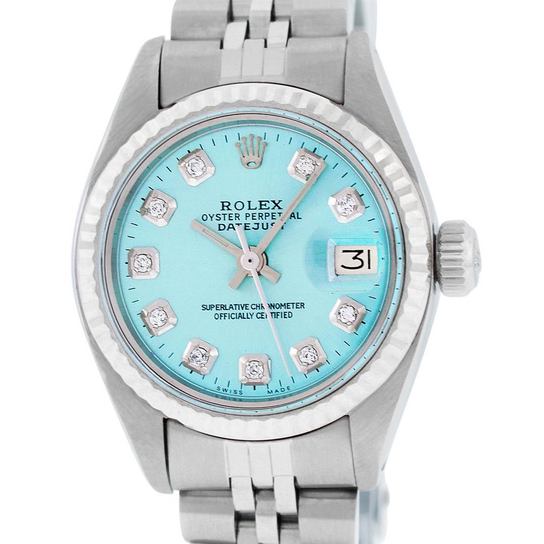 Rolex Ladies Stainless Steel Ice Blue Diamond 26MM: One Ladies Stainless Steel Rolex Datejust Polished Bright with Satin Finish, Serviced & Electronically Tested, Stainless Steel Case: 26mm, Stainless Steel Crown, Bezel: 14K White Gold Bezel. Custom Cr