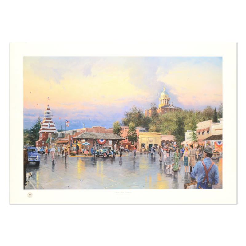 Main Street Courthouse by Kinkade (1958-2012): "Main Street Courthouse" is an offset lithograph on paper by Thomas Kinkade (1958-2012), numbered and hand signed by the artist. Includes Certificate of Authenticity from Lighthouse Publishing. Measur