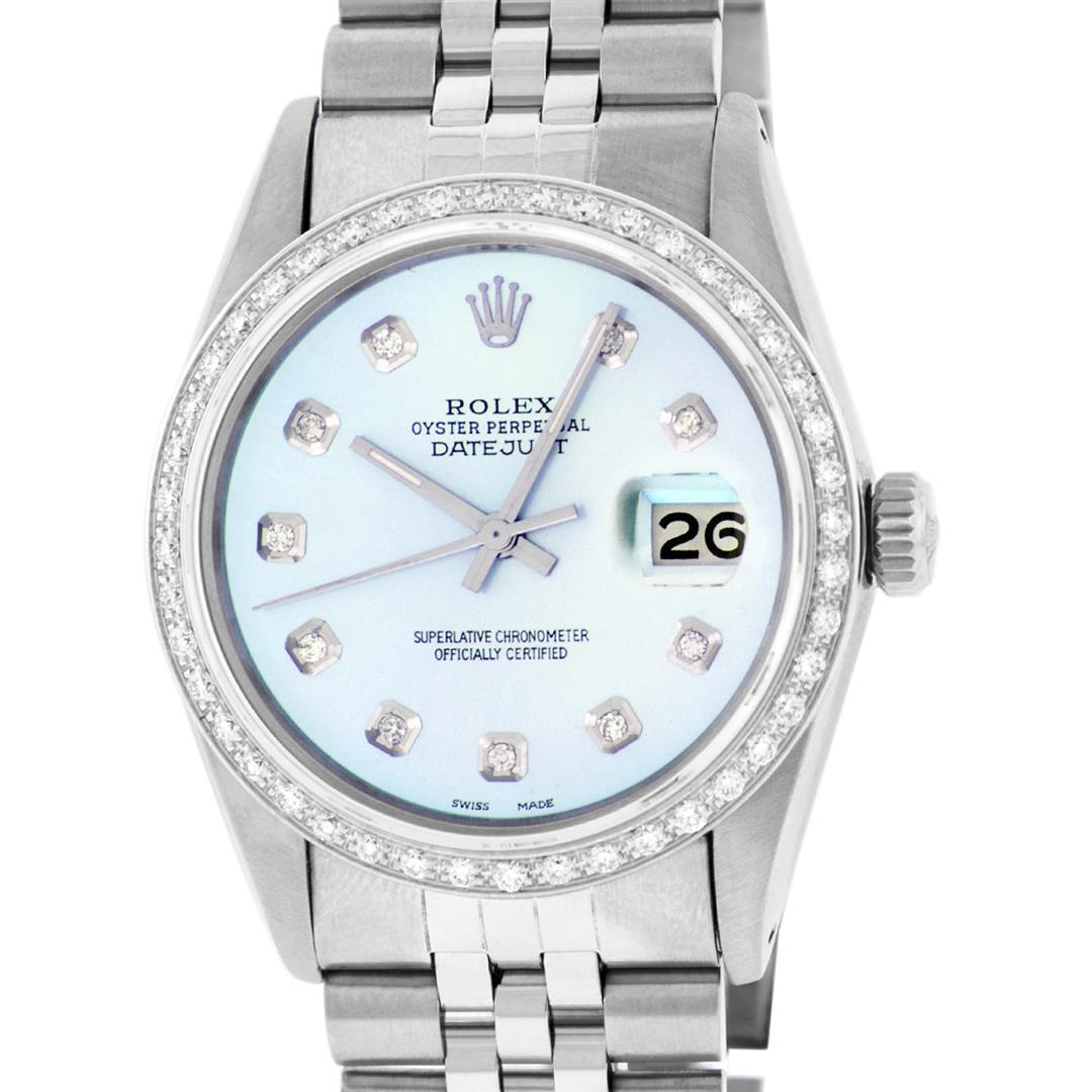 Rolex Mens Stainless Steel Blue Diamond 36MM Datejust: One Mens Stainless Steel Rolex Datejust Polished, Serviced & Electronically Tested, Stainless Steel Case: 36mm, Stainless Steel Crown, Custom Bezel: New 18K White Gold Beadset Diamond Bezel, Diamond C