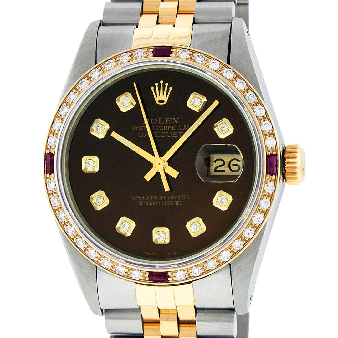 Rolex Mens 2 Tone 14K Brown Diamond & Ruby 36MM: One Mens 14K Yellow Gold Two Tone Rolex Datejust Polished, Serviced & Electronically Tested, 14K Yellow Gold & Stainless Steel Case: 36mm, 14K Yellow Gold Crown, Custom Bezel: New 18K Yellow Gold Ruby
