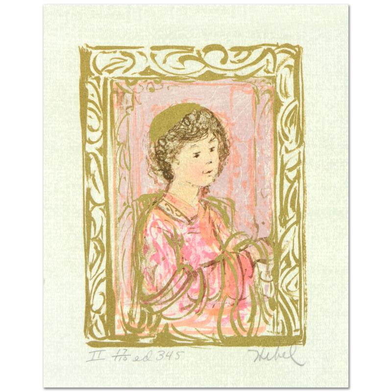 Meditation by Hibel (1917-2014): "Meditation" is a limited edition lithograph on paper with remarque by Edna Hibel (1917-2014), numbered and hand signed by the artist. Includes Certificate of Authenticity. Measures approx. 5.5" x 6.5