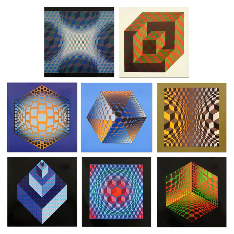 Structure Universelles De L'hexagone by Vasarely: "Structure Universelles De L'hexagone Portfolio" includes 8 heliogravure prints on paper from the Editions du Griffon (1971) by Victor Vasarely (1908-1997). Each piece is titled and dated inverso. Eac