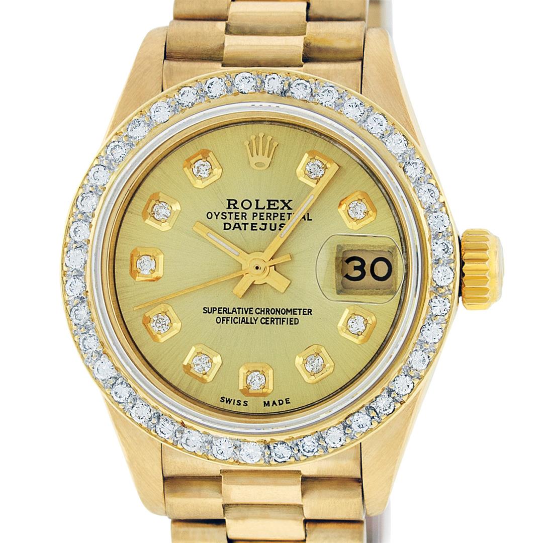 Rolex Ladies 18K Yellow Gold Champagne Diamond: One Ladies Rolex 18K Yellow Gold President Polished, Serviced & Electronically Tested, 18K Yellow Gold Case: 26mm, 18K Yellow Gold Crown, Custom Bezel: 18K Yellow Gold Bead Set Diamond Bezel, Diamond