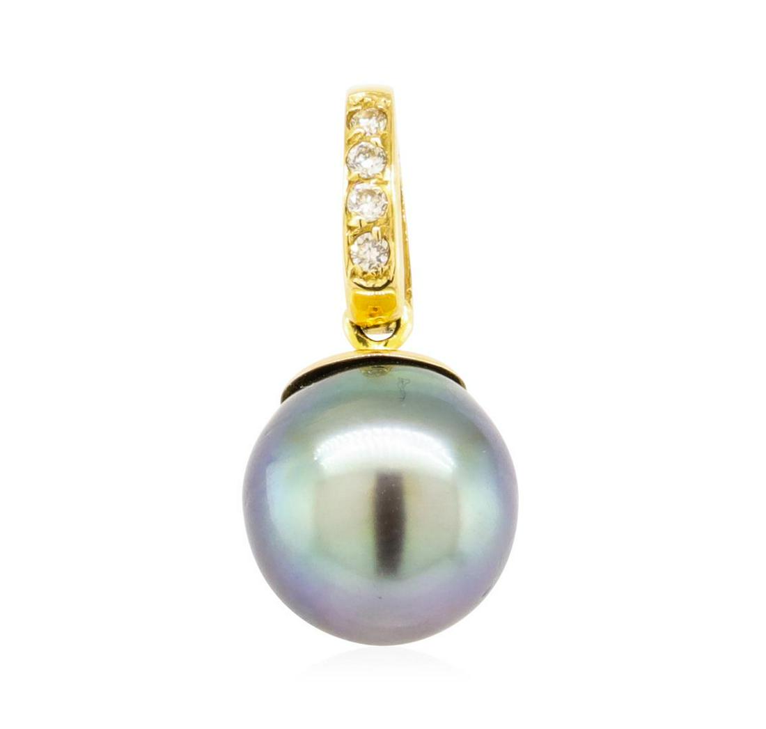 0.10 ctw Diamond and Black Tahitian Pearl Pendant: One pearl pendant enhancer featuring: 18KT yellow gold weighing 3.6 grams containing diamonds weighing 0.10ctw and a black Tahitian pearl measuring 11.80 millimeter in diameter.