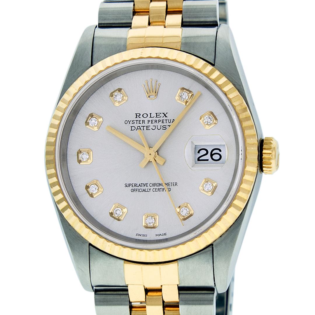 Rolex Mens 2 Tone 14K Silver Diamond 36MM Datejust: One Mens 14K Yellow Gold Two Tone Rolex Datejust Polished, Serviced & Electronically Tested, 14K Yellow Gold & Stainless Steel Case: 36mm, 14K Yellow Gold Crown, Bezel: 14K Yellow Gold Fluted Bezel.