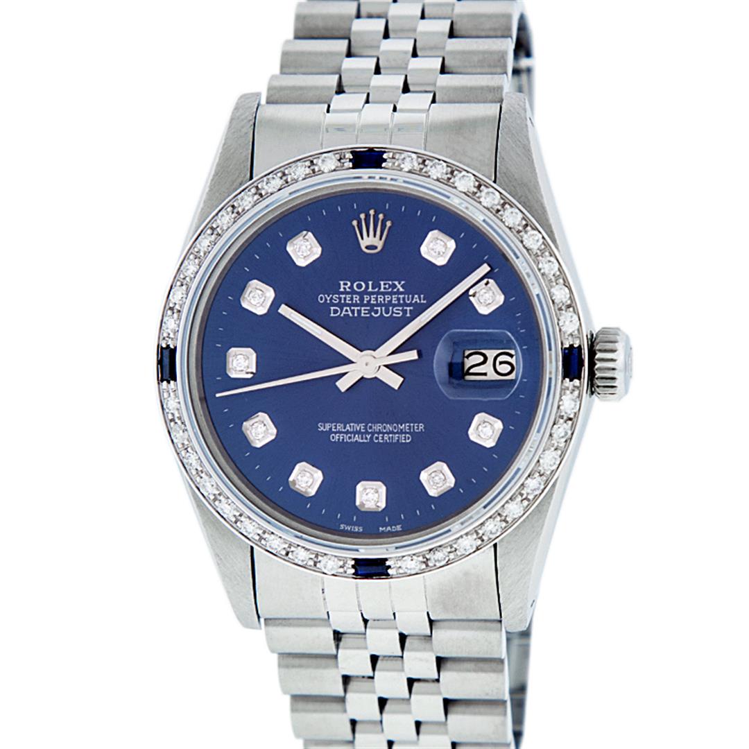 Rolex Mens Stainless Steel Blue Diamond & Sapphire: One Mens Stainless Steel Rolex Datejust Polished, Serviced & Electronically Tested, Stainless Steel Case: 36mm, Stainless Steel Crown, Custom Bezel: New 18K White Gold Sapphire Beadset Diamond Bezel,