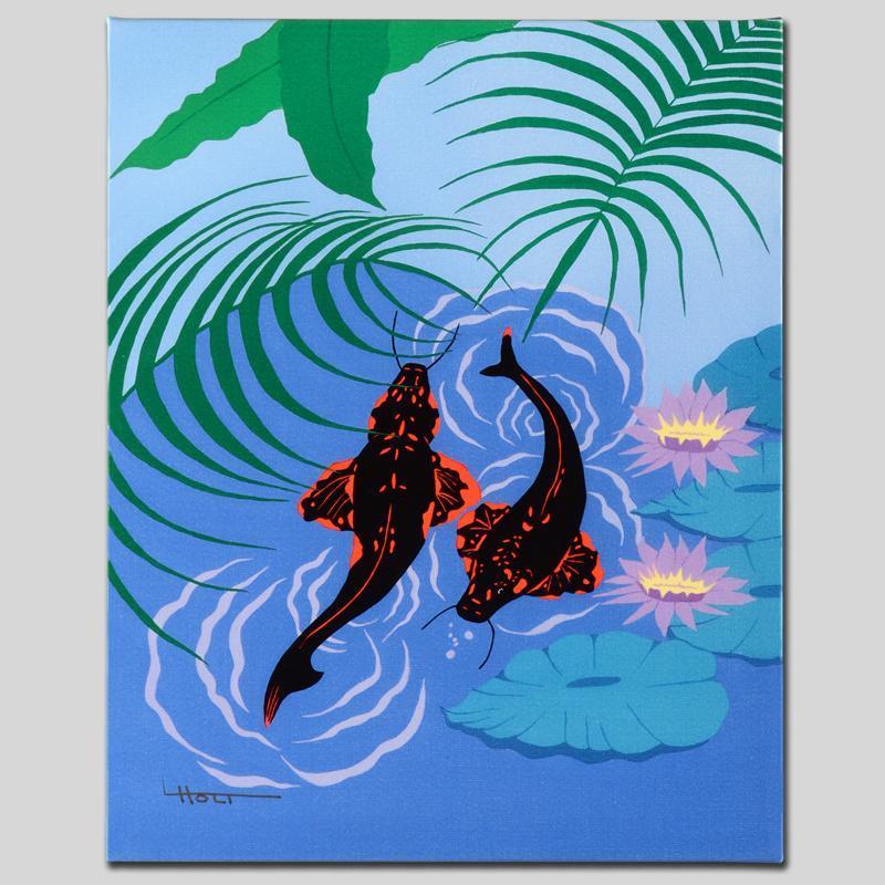 Koi Garden by Holt, Larissa: Larissa Holt, a student of distinguished artist Eyvind Earle(1916-2000), uses bold colors and breathtaking scenery to create images of Nature in her own unique style. "Koi Garden" is a limited edition
