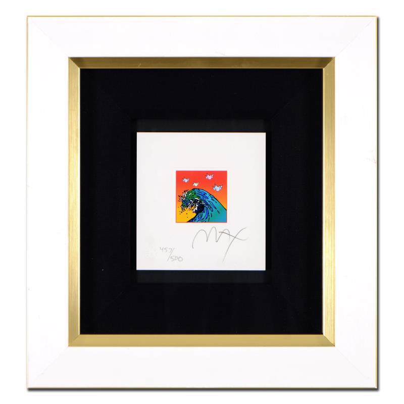 Great Wave with Doves by Peter Max: "Great Wave with Doves" is a limited edition lithograph on paper by Peter Max, numbered 457/500 and hand signed by the artist. This piece comes framed. Includes Letter of Authenticity. Measures approx