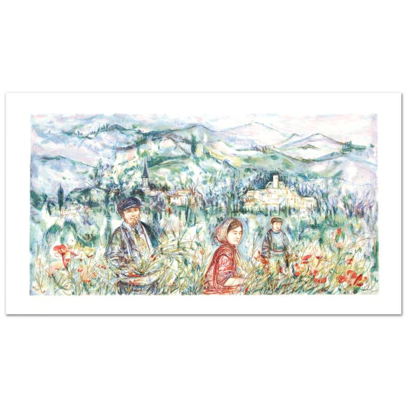 The Flower Harvest by Hibel (1917-2014): "The Flower Harvest" is a limited edition lithograph on paper, numbered and hand signed by Edna Hibel (1917-2014). Includes Certificate of Authenticity! Measures approx. 28.5" x 16" (with border), 25"
