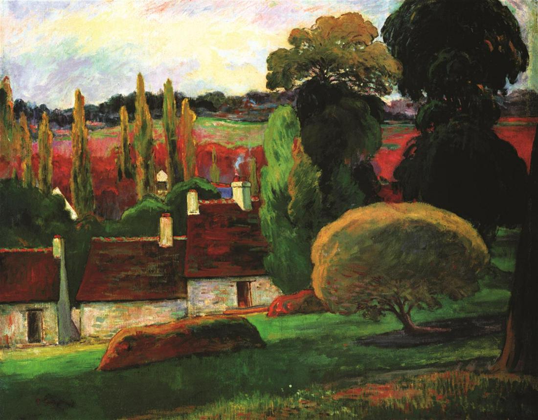 Paul Gauguin Farm In Brittany: Artist: Paul Gauguin - Title: Farm In Brittany - Medium: Fine Art Giclee on Canvas - Image Size: Approximately 25 inches x 32 inches - Framed: Unframed on Unstretched Canvas - French artist Paul Gaugu