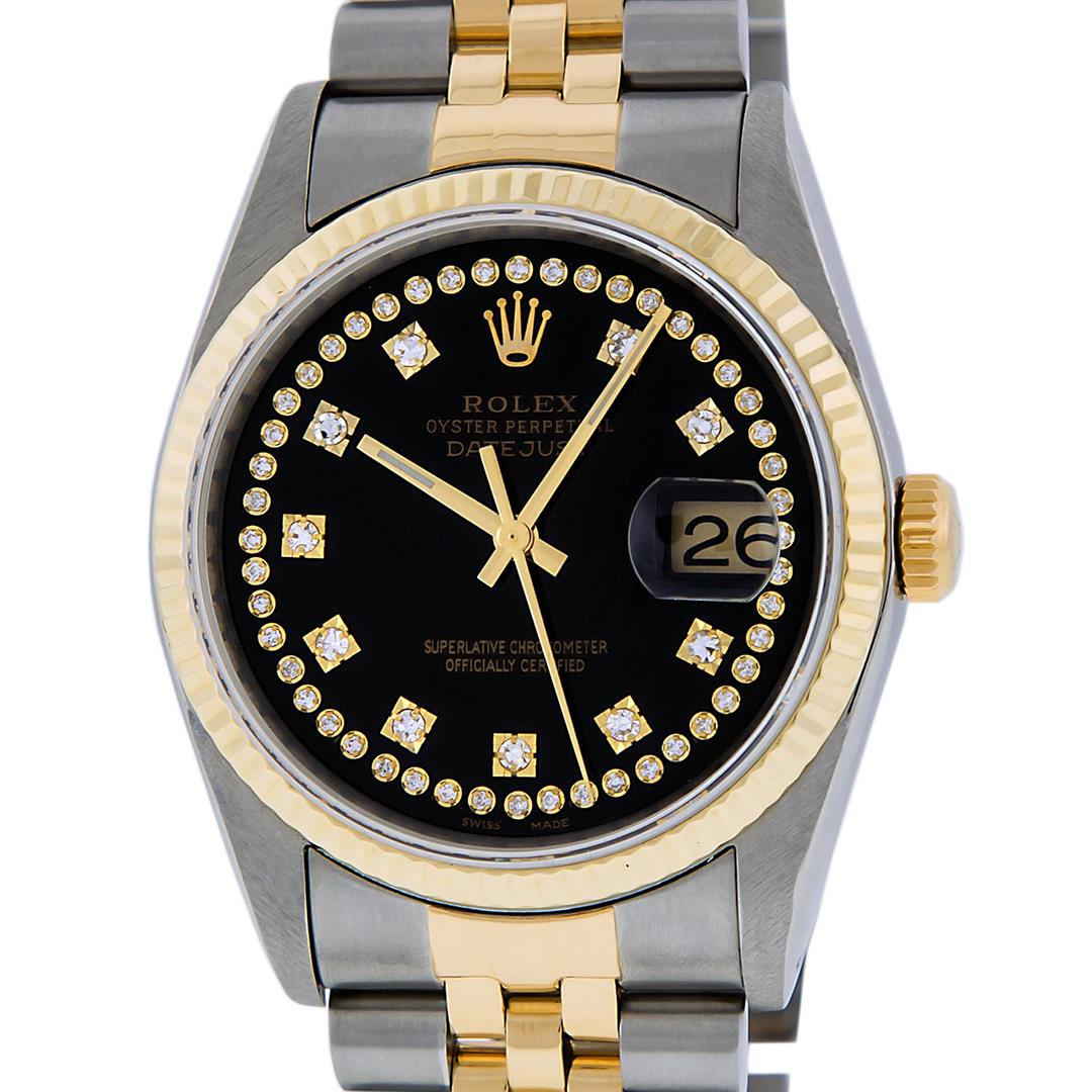 Rolex Mens 2 Tone 14K Black VS Diamond 36MM Datejust: One Mens 14K Yellow Gold Two Tone Rolex Datejust Polished, Serviced & Electronically Tested, 14K Yellow Gold & Stainless Steel Case: 36mm, 14K Yellow Gold Crown, Bezel: 14K Yellow Gold Fluted Bezel.