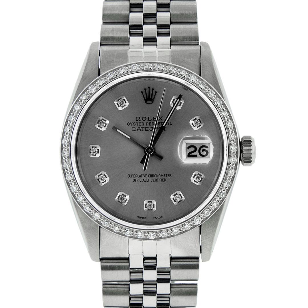 Rolex Mens Stainless Steel Slate Grey Diamond 36MM: One Mens Stainless Steel Rolex Datejust Polished, Serviced & Electronically Tested, Stainless Steel Case: 36mm, Stainless Steel Crown, Custom Bezel: New 18K White Gold Beadset Diamond Bezel, Diamond C