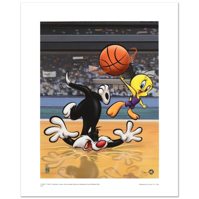 Sylester & Tweety Basketball by Looney Tunes: "Sylester & Tweety Basketball" is a limited edition giclee on paper from Warner Bros., numbered with hologram seal of Authenticity. Also, includes Certificate of Authenticity! Measures approx. 16" x 2