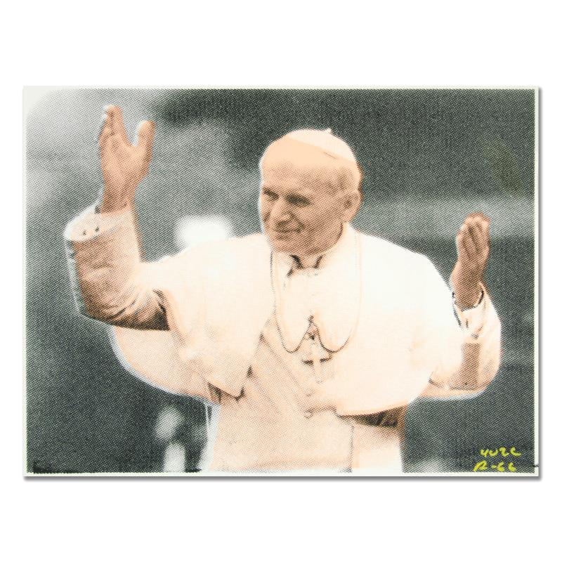 The Pope by "Ringo" Daniel Funes: "The Pope" is a one-of-a-kind hand-pulled silkscreen and mixed media painting on canvas by Ringo - protege of Andy Warhol's apprentice, Steve Kaufman. This piece is hand signed by the artist and Inclu