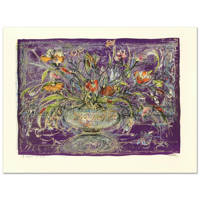 Floral Mystic by Hibel (1917-2014): "Floral Mystic" is a limited edition lithograph on paper, numbered and hand signed by Edna Hibel (1917-2014). Includes Certificate of Authenticity! Measures approx. 20" x 15" (with border), 16.5" x 11
