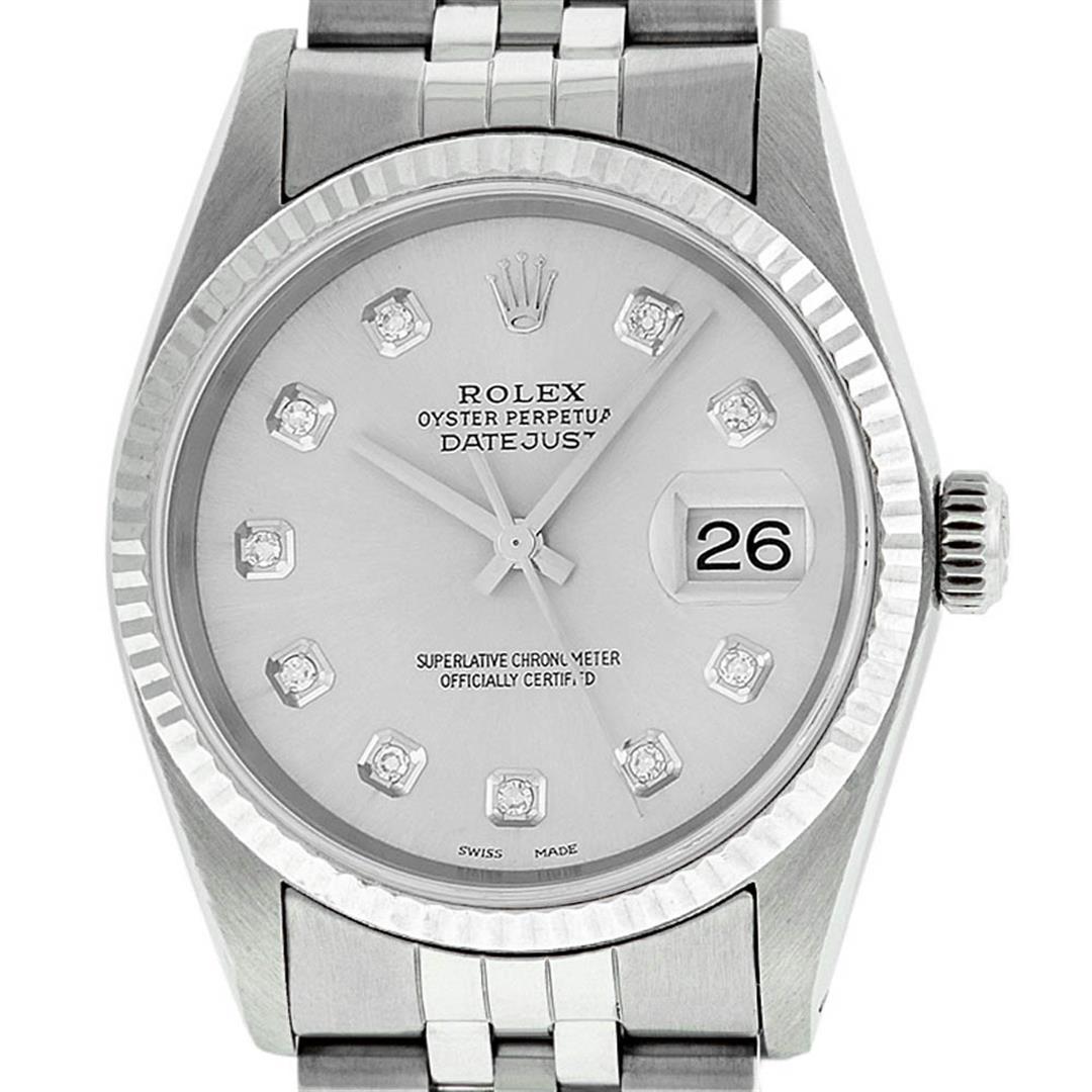 Rolex Mens Stainless Steel Silver Diamond Datejust: One Mens Rolex Datejust Polished Bright with Satin Finish, Serviced & Electronically Tested, Stainless Steel Case: 36mm, Stainless Steel Crown, Bezel: 14K White Gold Fluted Bezel. Custom Crystal: New
