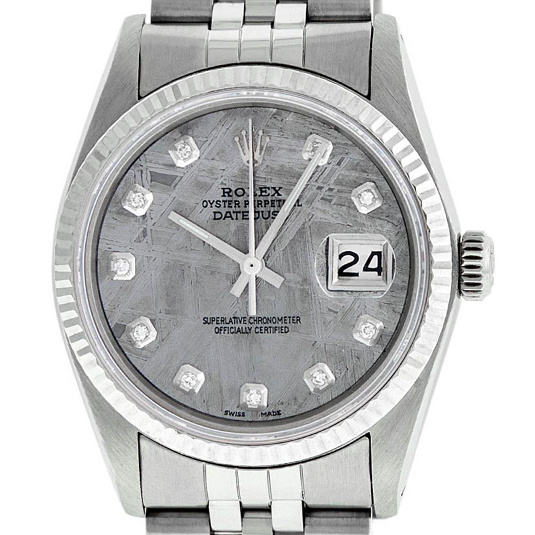 Rolex Mens Stainless Steel Meteorite Diamond 36MM: One Mens Stainless Steel Rolex Datejust Polished Bright with Satin Finish, This Watch Has Been Serviced & Electronically Tested, Stainless Steel Case: 36mm, Stainless Steel Crown, Original Bezel: 14K