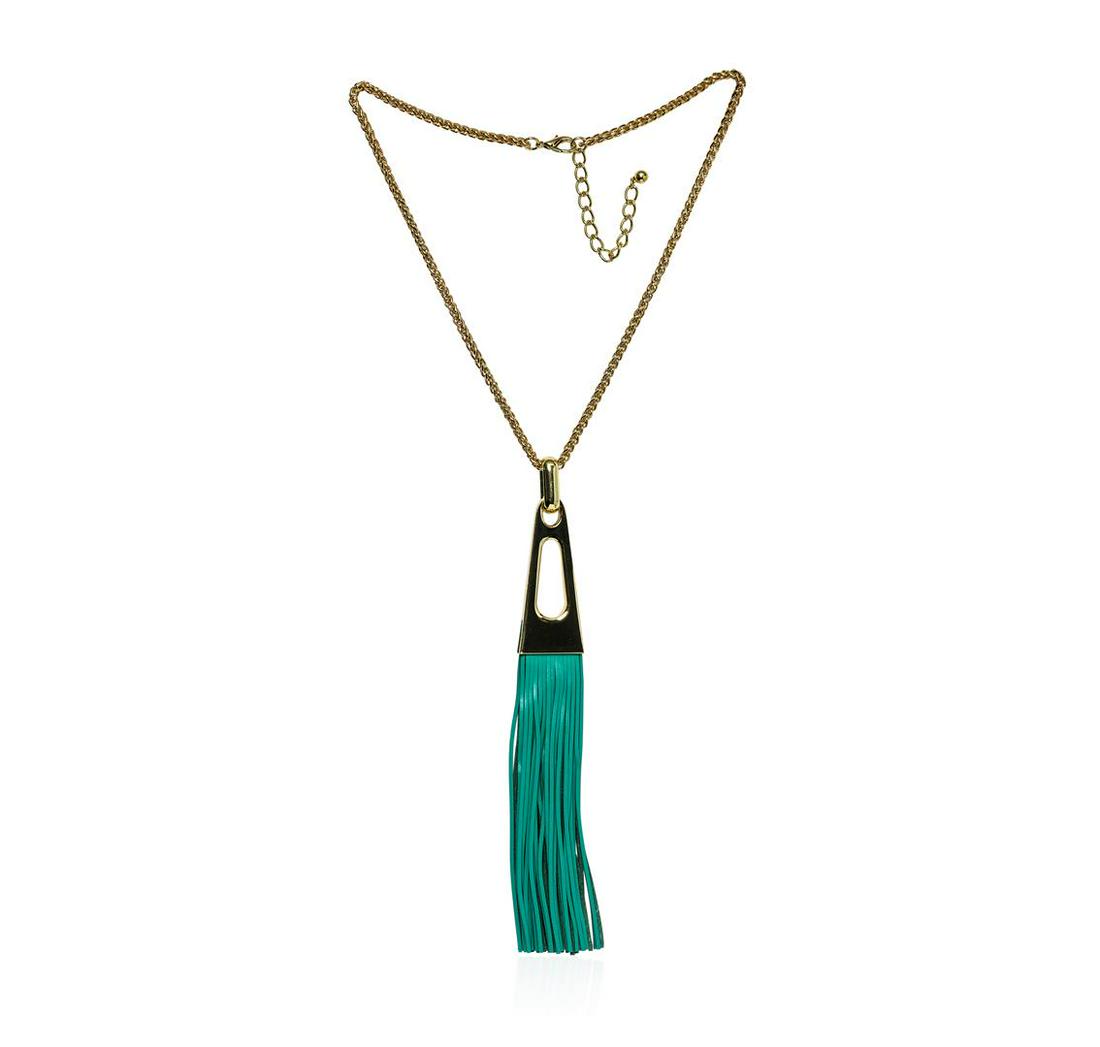 Leather Tassel Chain Necklace - Gold Plated: High end designer jewelry. Leather Tassel Chain Necklace - Gold Plated. Gold Plated Metal/3" Ext Clasp. Aqua/ Gold. 22/8inches. Total Weight: 77.7 grams.