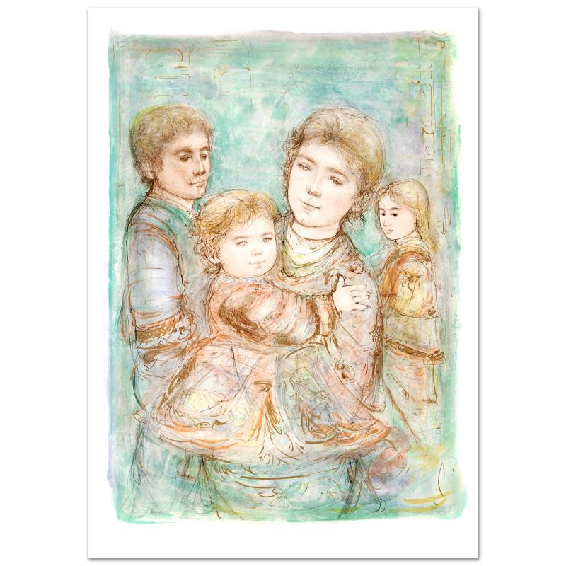 Portrait of a Family by Hibel (1917-2014): "Portrait of a Family" is a limited edition lithograph on paper, numbered and hand signed by Edna Hibel (1917-2014). Includes Certificate of Authenticity! Measures approx. 31.5" x 44" (with border), 2