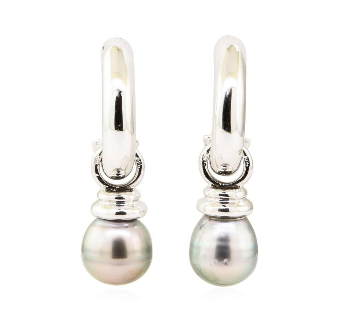 Black Tahitian Pearl Earrings - 14KT White Gold: One pair of earrings featuring: 14KT white gold weighing 6.8 grams containing two black tahitian pearls measuring approximately 8.5 millimeters in diameter.