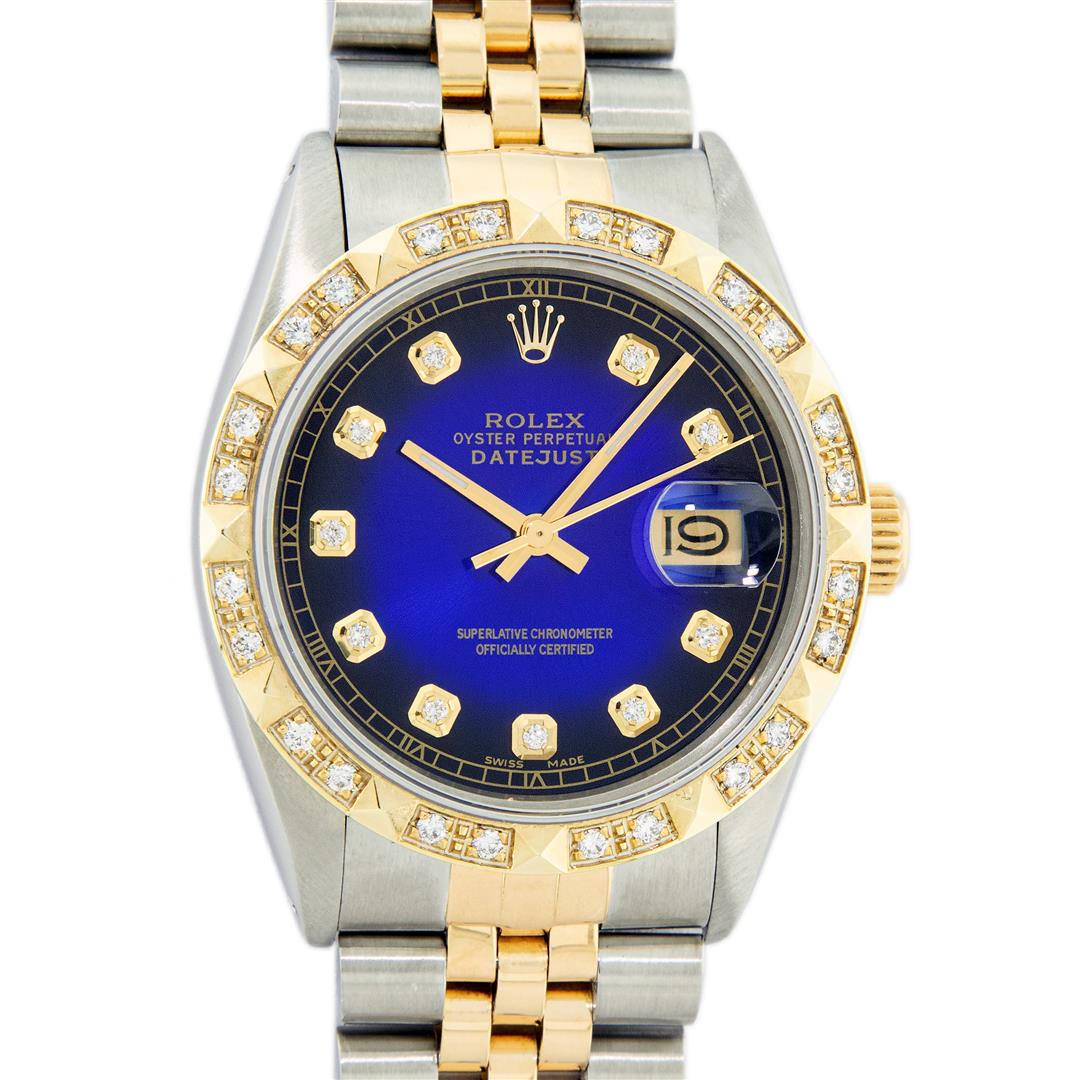 Rolex Mens 2 Tone 14K Blue Vignette Pyramid Diamond: One Mens 14K Yellow Gold Rolex Datejust Polished Bright with Satin Finish, Serviced & Electronically Tested, Stainless Steel Case: 36mm, Yellow Gold Crown, Custom Bezel: New 18K Yellow Gold Pyramid Di