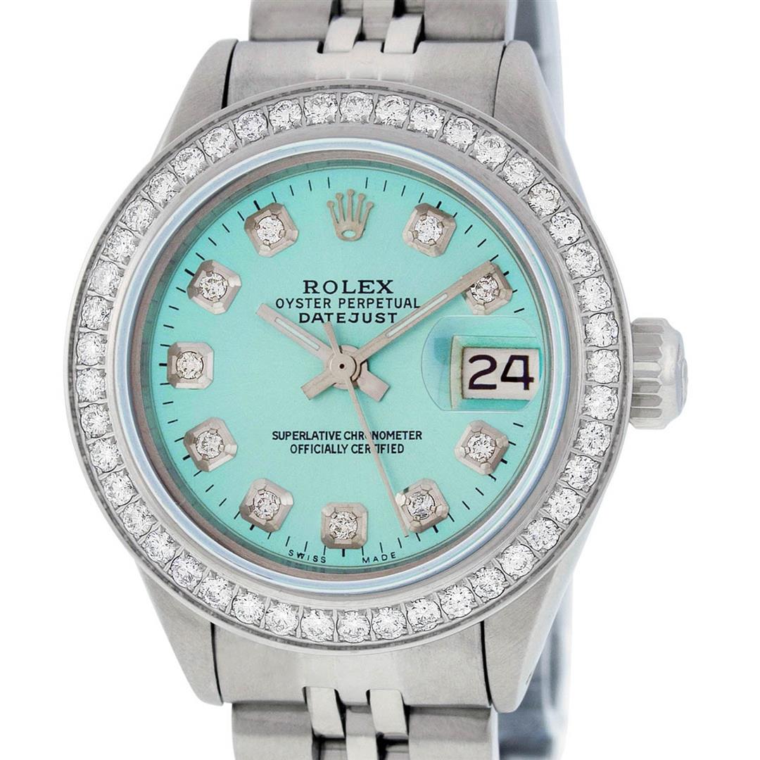 Rolex Ladies Stainless Steel Ice Blue Diamond 26MM: One Ladies Stainless Steel Rolex Datejust Polished Bright with Satin Finish, Serviced & Electronically Tested, Stainless Steel Case: 26mm, Stainless Steel Crown, Custom Bezel: New Stainless Steel Bead