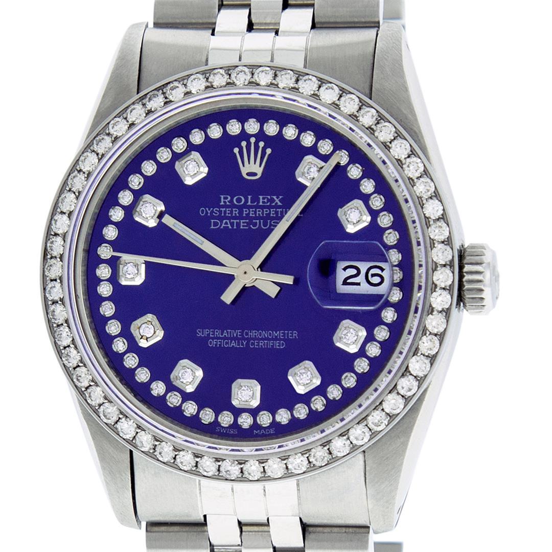 Rolex Mens Stainless Steel Puple String Diamond 36MM: One Mens Rolex Stainless Steel Datejust Polished Bright with Satin Finish, This Watch Has Been Serviced & Electronically Tested, Stainless Steel Case: 36mm, Stainless Steel Crown, Custom Bezel: New S