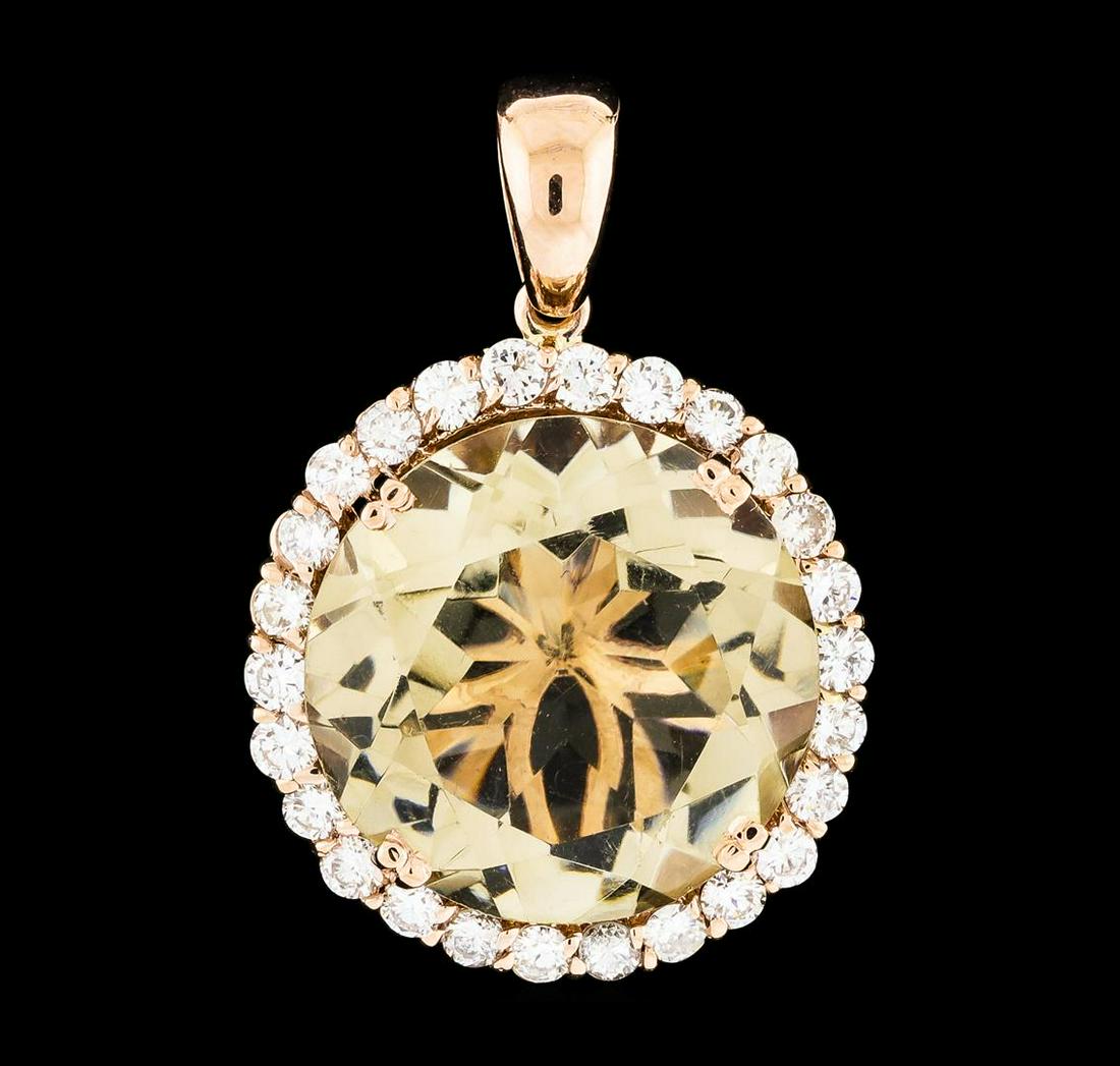 23.21 ctw Lemon Quartz and Diamond Pendant - 14KT Rose: One electronically tested 14KT rose gold lady's combination cast & assembled fashion pendant with a basket halo with a bright polish finish. Identified with markings of '14K'. Condition is new, good w