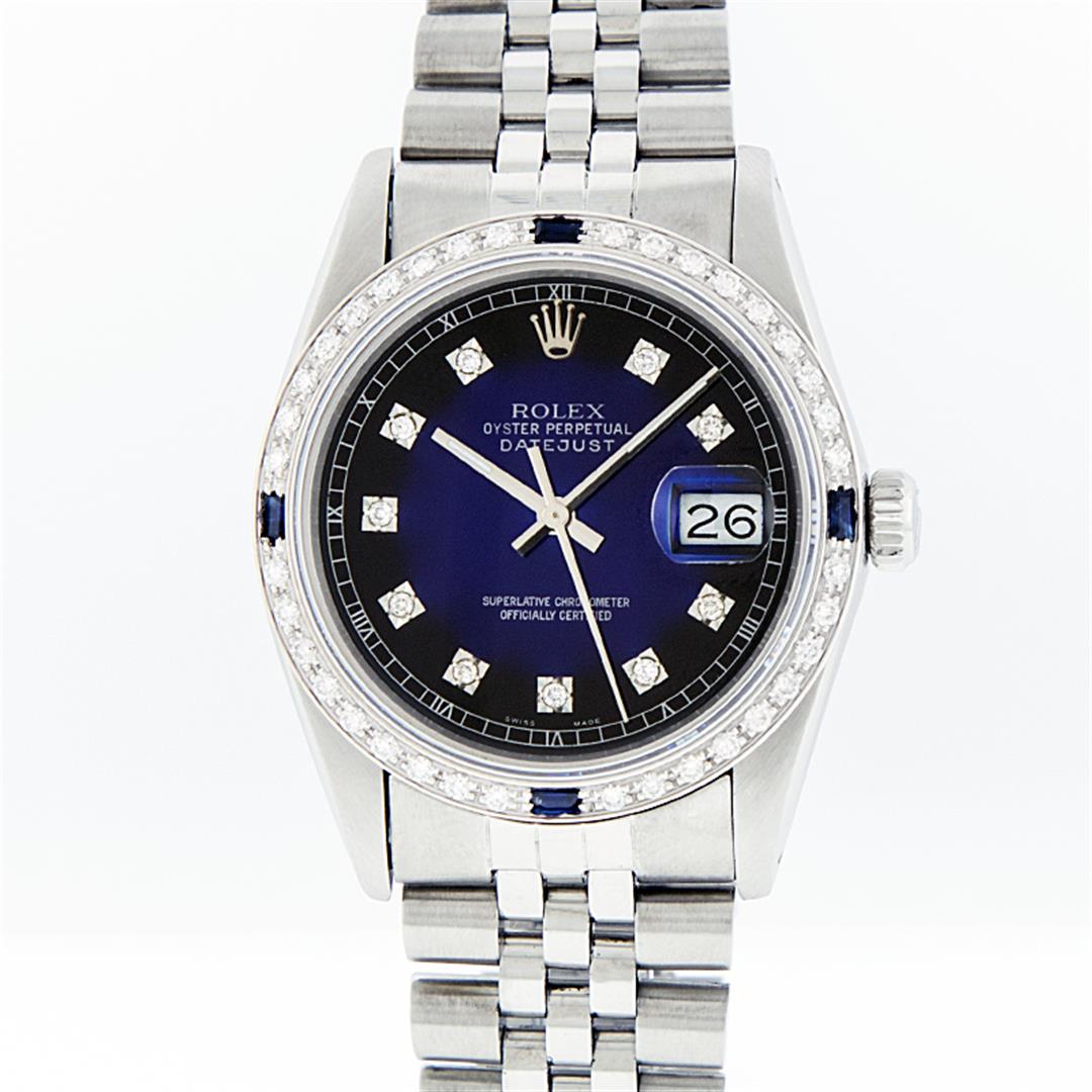 Rolex Mens Stainless Steel Blue Vignette Diamond &: One Mens Stainless Steel Rolex Datejust Polished, Serviced & Electronically Tested, Stainless Steel Case: 36mm, Stainless Steel Crown, Custom Bezel: New 18K White Gold Sapphire Beadset Diamond Bezel,