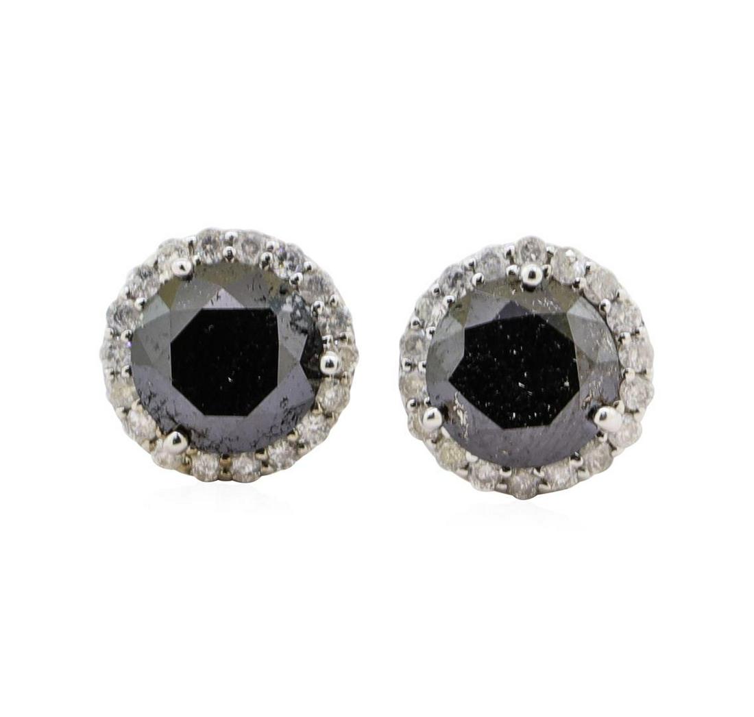 3.92 ctw Black Diamond Earrings - 14KT White Gold: One pair electronically tested l4KT white gold cast & assembled black & white diamond earrings with screw backs. Condition is new, good workmanship. Each earring features a round black diamond set wit