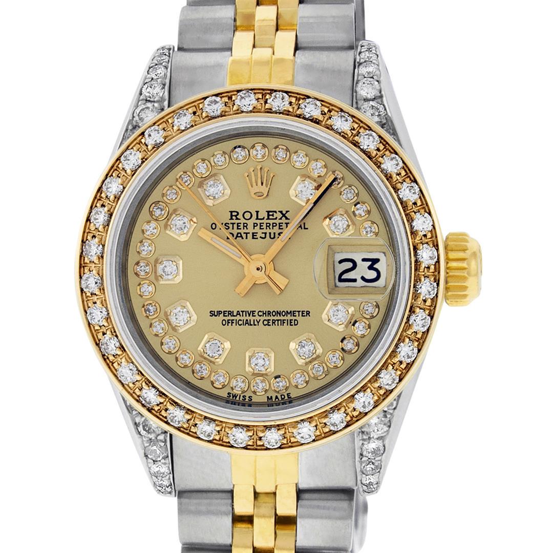 Rolex Ladies 2 Tone 14K Champagne Diamond Lugs Datejust: One Ladies 14K Two Tone Rolex Datejust Polished, Serviced & Electronically Tested, 14K Yellow Gold & Stainless Steel Case: 26mm, 14K Yellow Gold Crown, Diamond Lugs: 24 Diamonds On Lugs, Clarity: SI-V