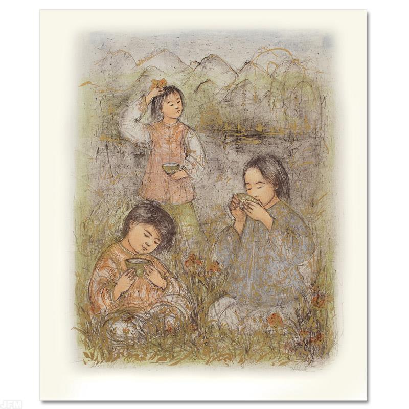 Morning at Brook Side by Hibel (1917-2014): "Morning at Brook Side" is a limited edition lithograph on paper, numbered and hand signed by Edna Hibel (1917-2014). Includes Certificate of Authenticity! Measures approx. 18" x 22" (with border), 14
