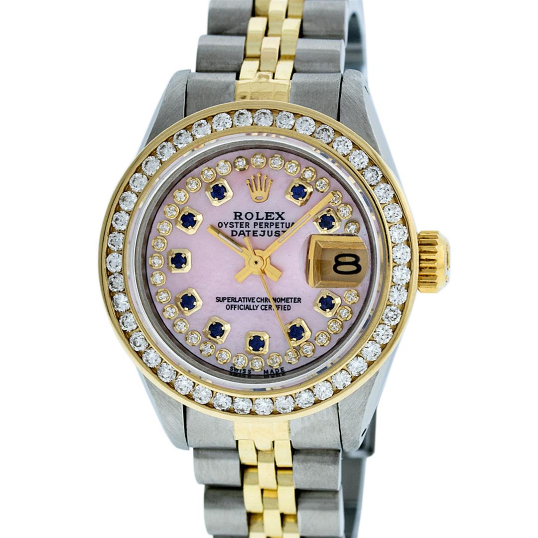 Rolex Ladies 2 Tone 14K Pink MOP Sapphire String: One Ladies 14K Two Tone Rolex Datejust Polished, Serviced & Electronically Tested, 14K Yellow Gold & Stainless Steel Case: 26mm, 14K Yellow Gold Crown, Custom Bezel: New 18K Yellow Gold Channel Set Di