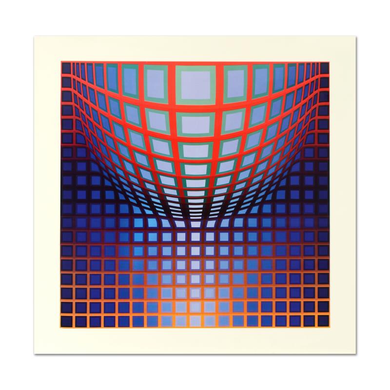 Kedzi Vega by Vasarely (1908-1997): "Kedzi Vega" is a heliogravure print on paper from the Editions du Griffon (1974) by Victor Vasarely (1908-1997). This piece is titled inverso. Measures approx. 23.5" x 23.5" (image).