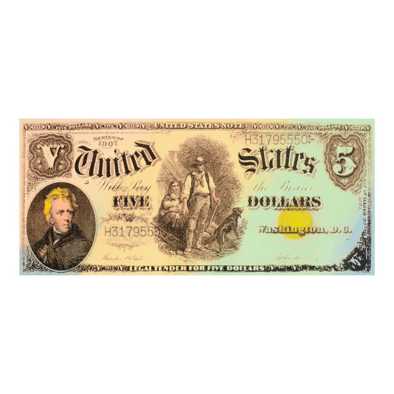 Five Dollar Bill by Steve Kaufman (1960-2010): "Five Dollar Bill" is a limited edition hand painted silkscreen on canvas by Andy Warhol protege Steve Kaufman (1960-2010). This piece is AP numbered 30/50 and hand signed inverso. Includes Certificat