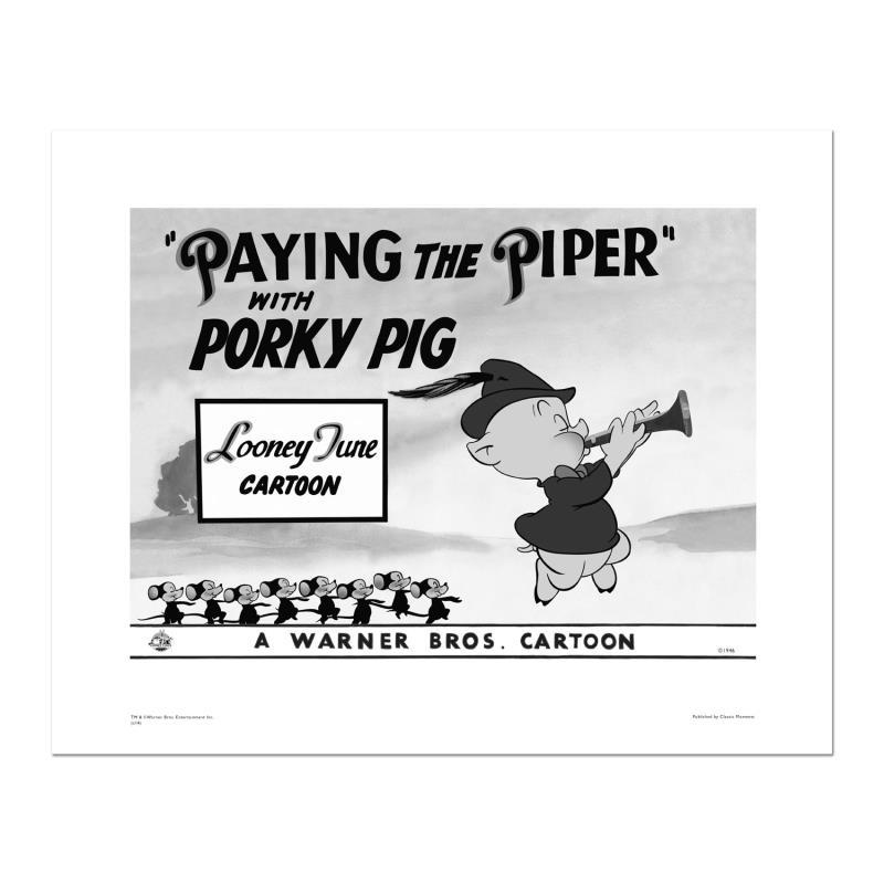 Paying the Piper - Porky by Looney Tunes: "Paying the Piper - Porky" is a limited edition giclee on paper from Warner Bros. featuring iconic Looney Tunes characters. The art was taken from an original Lobby Card used to promote "Paying the Pi