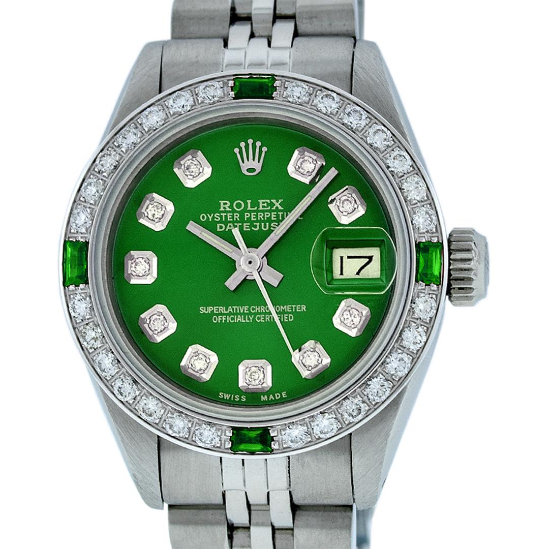 Rolex Ladies Stainless Steel Green Diamond & Emerald: One Ladies Stainless Steel Rolex Datejust Polished Bright with Satin Finish, Serviced & Electronically Tested, Stainless Steel Case: 26mm, Stainless Steel Crown, Custom Bezel: New 18K White Gold Emera