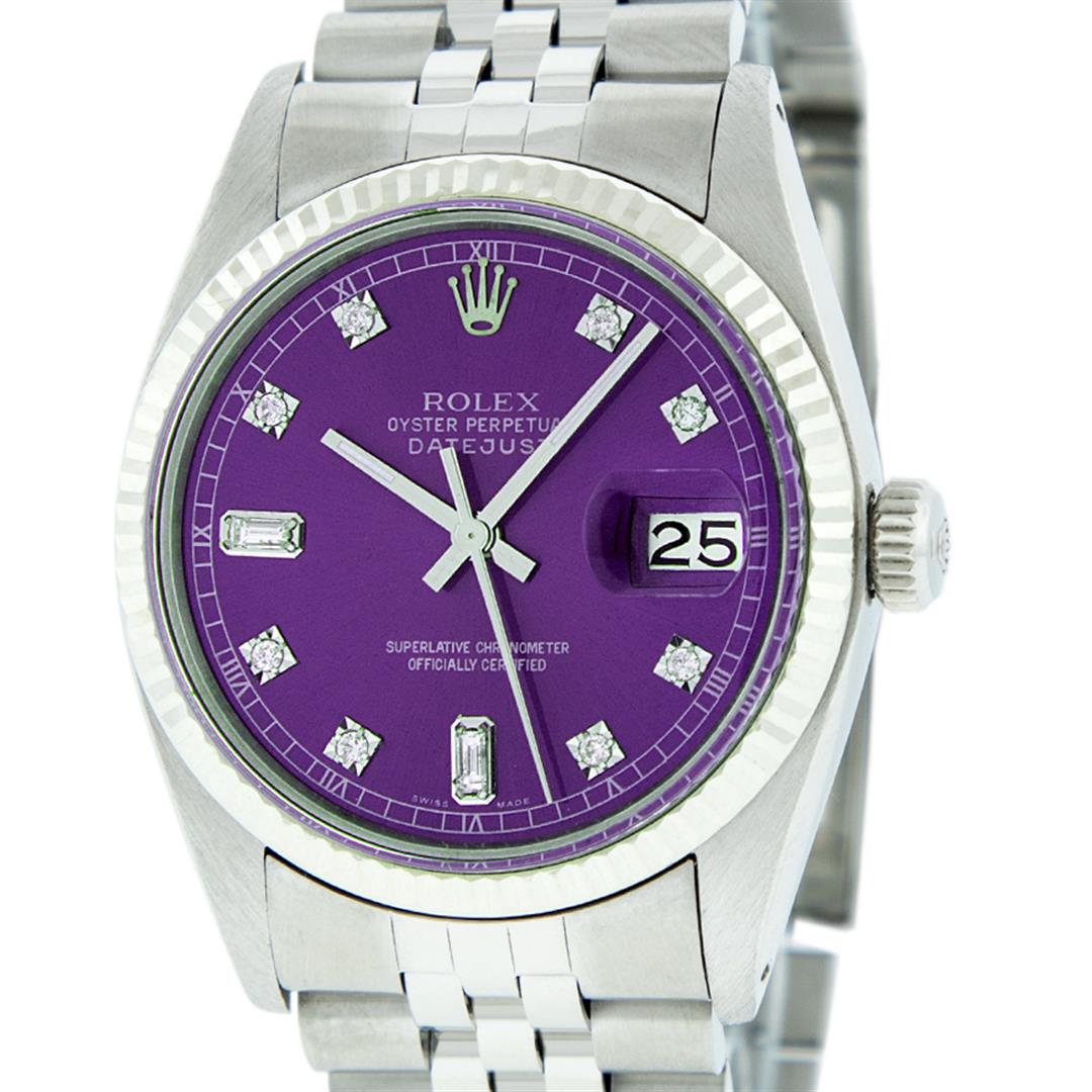 Rolex Mens Stainless Purple Diamond 36MM Datejust: One Mens Stainless Steel Rolex Datejust Polished Bright with Satin Finish, This Watch Has Been Serviced & Electronically Tested, Stainless Steel Case: 36mm, Stainless Steel Crown, Bezel: 14K White Gol