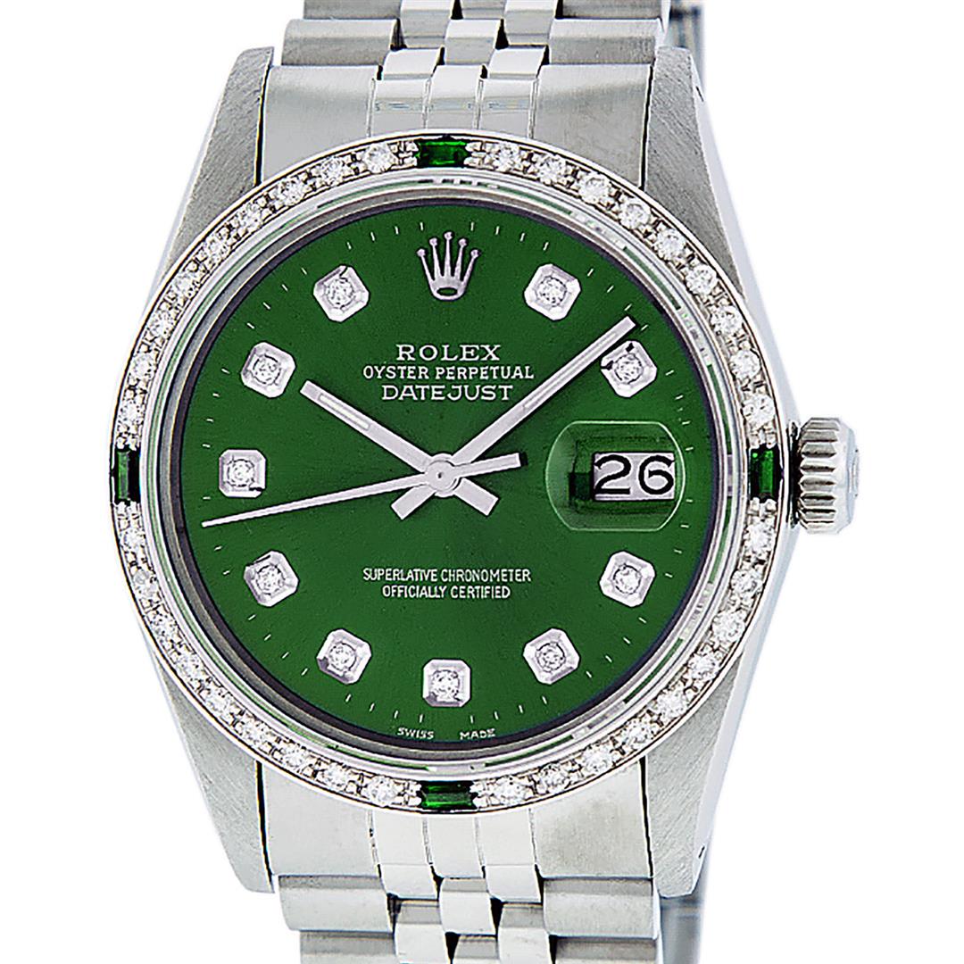 Rolex Mens Stainless Steel Green Diamond & Emerald 36MM: One Mens Stainless Steel Rolex Datejust Polished, Serviced & Electronically Tested, Stainless Steel Case: 36mm, Stainless Steel Crown, Custom Bezel: New 18K White Gold Emerald Beadset Diamond Bezel, D