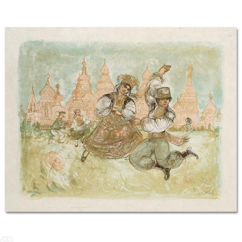 Russian Dancers by Hibel (1917-2014): "Russian Dancers" is a limited edition lithograph on paper, numbered and hand signed by Edna Hibel (1917-2014). Includes Certificate of Authenticity! Measures approx. 26" x 20" (with border), 21" x 17