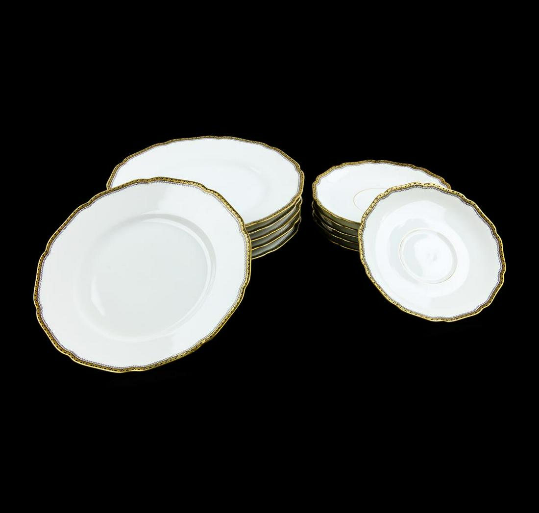 18 Piece Tea and Luncheon Set Hutschenreuther Kohenberg: 18 piece tea/luncheon Set raised gold encrusted Hutschenreuther Kohenberg Bvavaria. This 18 piece set includes 6 tea cups, 6 saucers, and 6 salad plates measuring 7.75". No chips, cracks, or damage. T