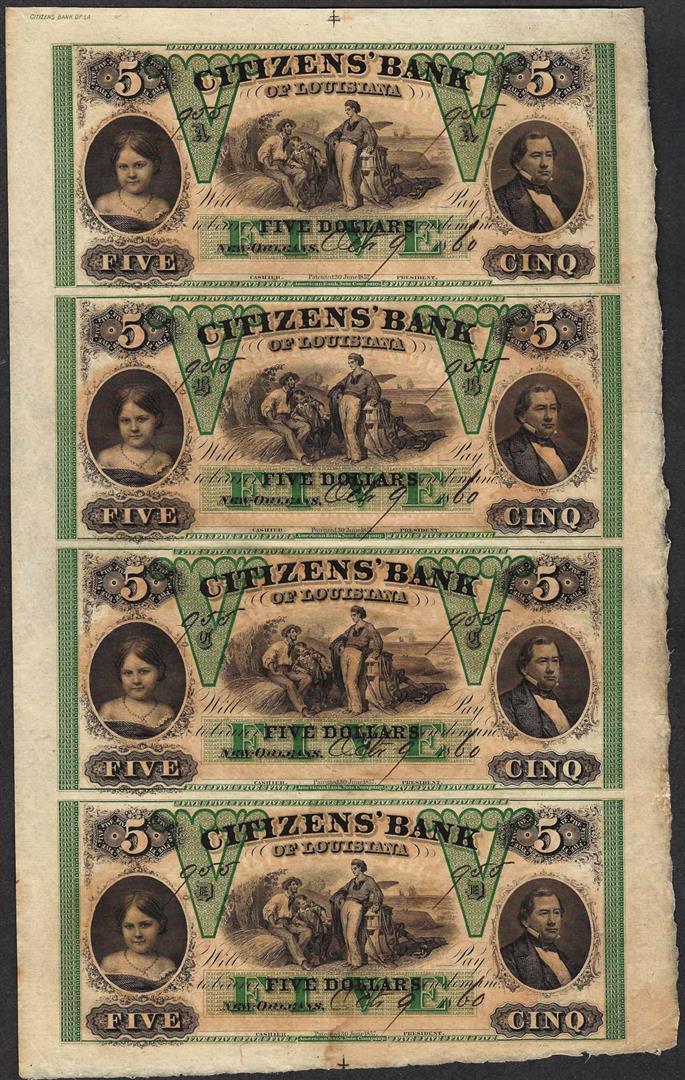 Uncut Sheet of 1800's $5 Citizens Bank of Louisiana: One Uncut Sheet of 1800's $5 Citizens Bank of Louisiana Obsolete Notes.