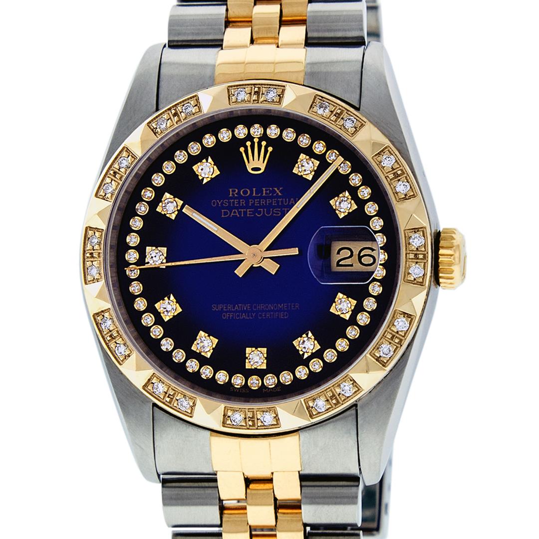 Rolex Mens 2 Tone 14K Blue Vignette String Pyramid: One Mens 14K Yellow Gold Rolex Datejust Polished Bright with Satin Finish, Serviced & Electronically Tested, Stainless Steel Case: 36mm, Yellow Gold Crown, Custom Bezel: New 18K Yellow Gold Pyramid Di