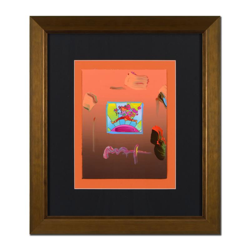 Flower Jumper by Peter Max: "Flower Jumper" is a one-of-a-kind acrylic mixed media on paper, hand signed by Peter Max. This piece comes custom framed. Includes Certificate of Authenticity from Peter Max Studios. Measures approx.