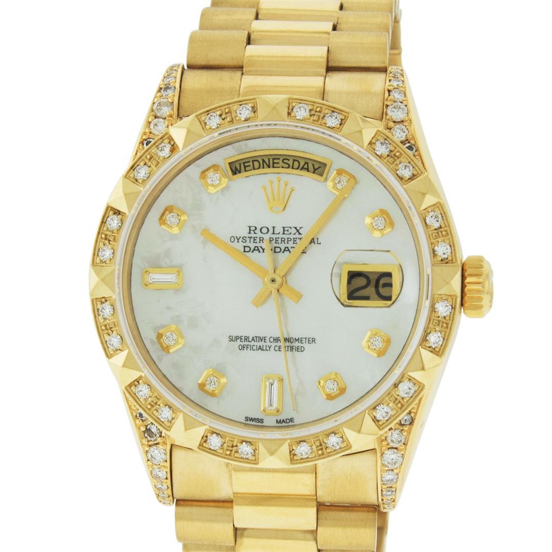 Rolex Mens 18K Yellow MOP Diamond 8 + 2 Diamond Lugs: One Mens Rolex Day Date 18K Yellow Gold President Polished, Serviced & Electronically Tested, 18K Yellow Gold Case: 36mm, Custom Diamond Lugs: 28 Diamonds On Lugs, Color: G to H, Clarity: SI-VS. 18K Y