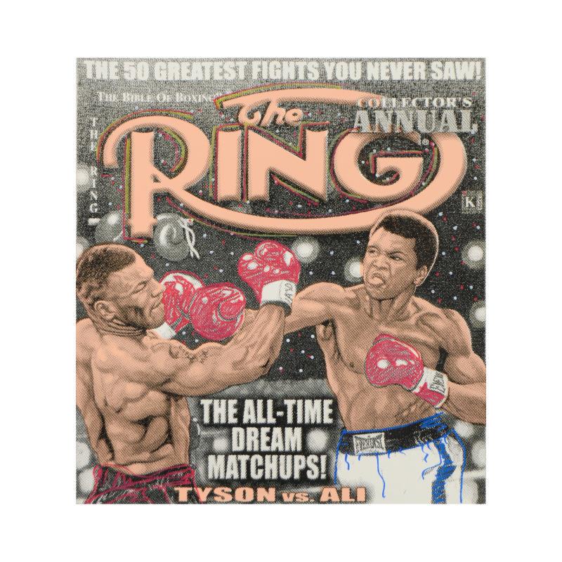 The Ring by Steve Kaufman (1960-2010): "The Ring" is a hand embellished limited edition silkscreen on canvas by Andy Warhol protege Steve Kaufman (1960-2010). This piece is numbered 22/100 and hand signed inverso. Includes Certificate of A