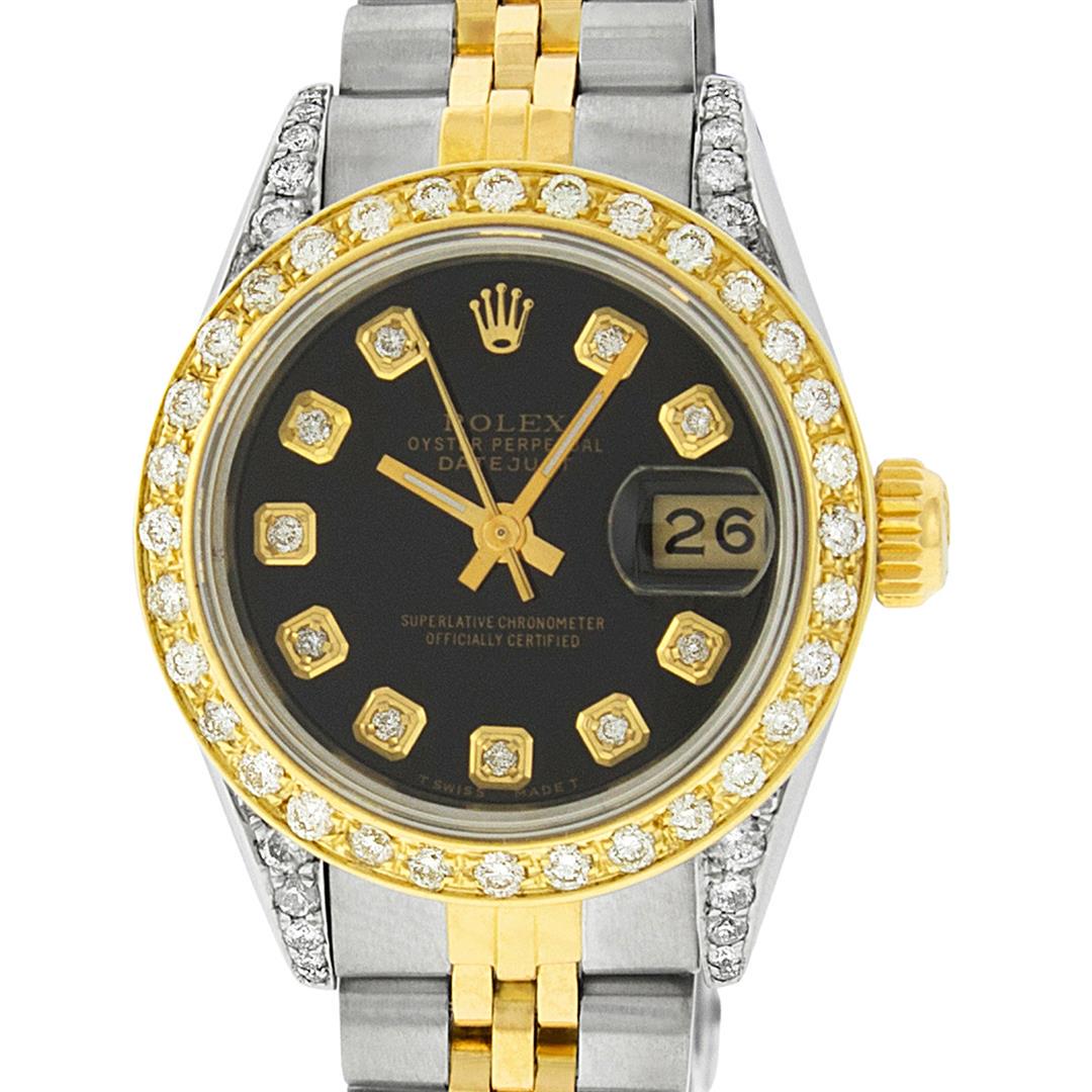 Rolex Ladies 2 Tone 14K Black Diamond Lugs Datejust: One Ladies 14K Two Tone Rolex Datejust Polished, Serviced & Electronically Tested, 14K Yellow Gold & Stainless Steel Case: 26mm, 14K Yellow Gold Crown, Diamond Lugs: 24 Diamonds On Lugs, Clarity: SI-V