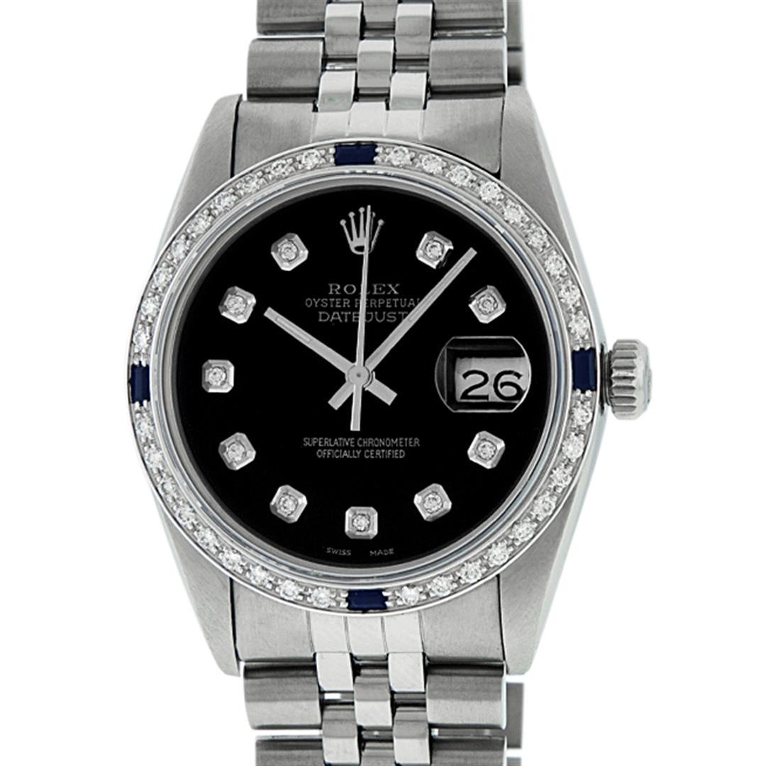Rolex Mens Stainless Steel Black Diamond & Sapphire: One Mens Stainless Steel Rolex Datejust Polished, Serviced & Electronically Tested, Stainless Steel Case: 36mm, Stainless Steel Crown, Custom Bezel: New 18K White Gold Sapphire Beadset Diamond Bezel,