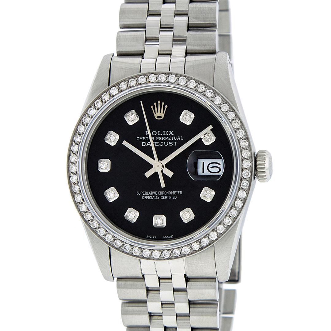 Rolex Mens Stainless Steel Black Diamond 36MM Datejust: One Mens Rolex Stainless Steel Datejust Polished Bright with Satin Finish, This Watch Has Been Serviced & Electronically Tested, Stainless Steel Case: 36mm, Stainless Steel Crown, Custom Bezel: New S