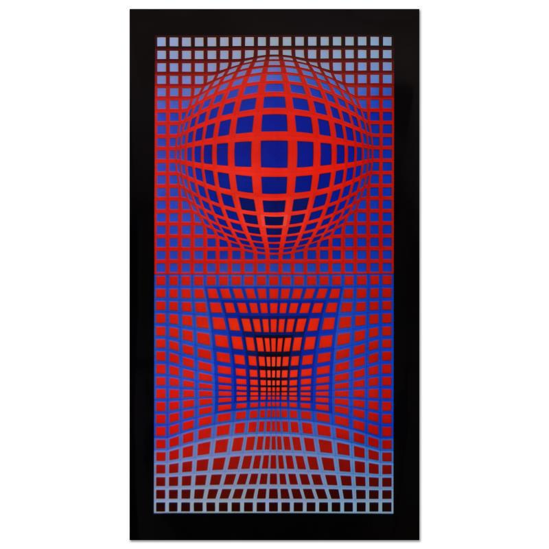 VP-RB by Vasarely (1908-1997): "VP-RB" is a heliogravure print on paper from the Editions du Griffon (1971) by Victor Vasarely (1908-1997). This piece is titled inverso. Measures approx. 17.5" x 31.5" (image).